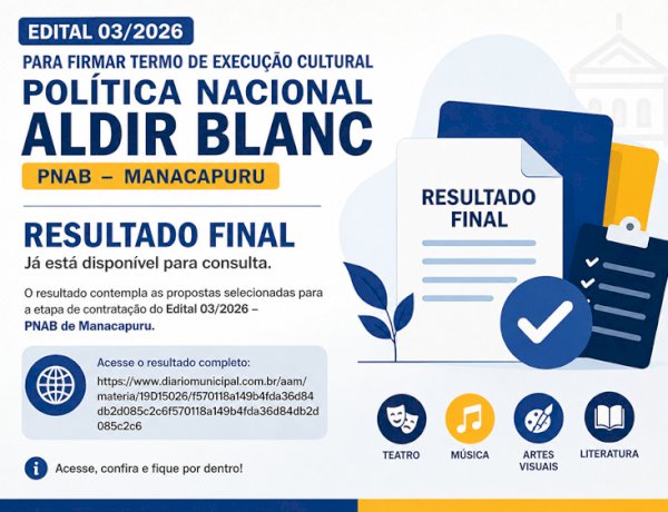 Resultado Final do Edital nº 03/2026 – Termo de Execução Cultural da Política Nacional Aldir Blanc (PNAB) está disponível para consulta
